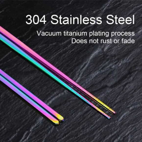 Rainbow Stainless Steel Chopsticks 5 Pair Oil Slick Ombre NWT - Picture 2 of 2